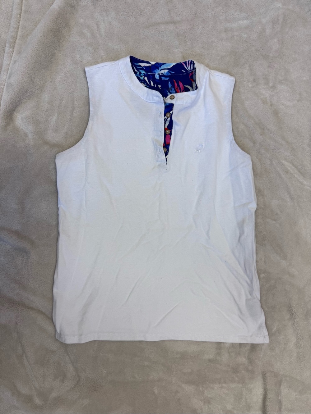 Caribbean Joe White Sleeveless Henley with Blue and Pink Printed Trim